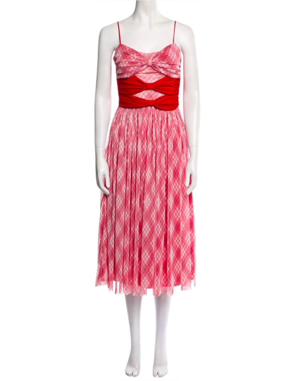Adam Lippes Red, White & Pink Sleeveless Bow Front Mesh Plaid Midi Dress Size 6
